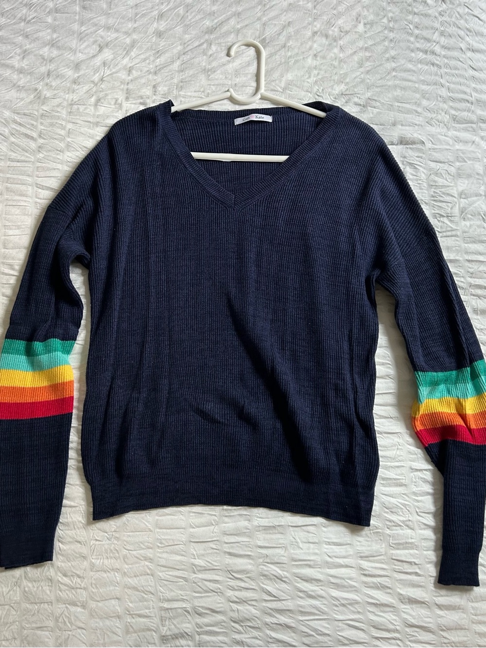 Gab And Kate Women's Navy V-Neck Sweater with Rainbow Sleeve Stripes